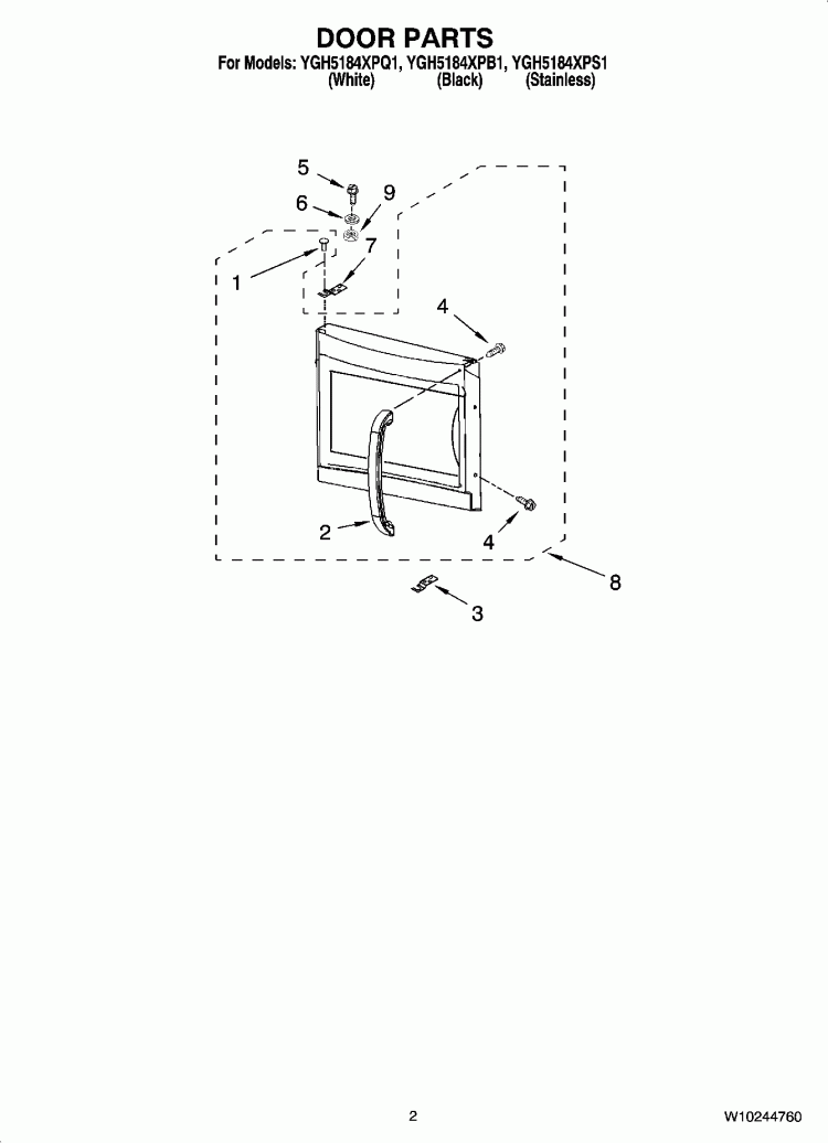 DOOR PARTS Diagram and Parts List for YGH5184XPB1  Whirlpool Microwave