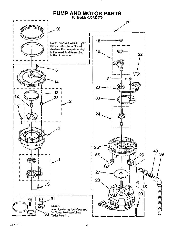 PUMP AND MOTOR Diagram and Parts List for KUDP230Y0  KitchenAid Dishwasher