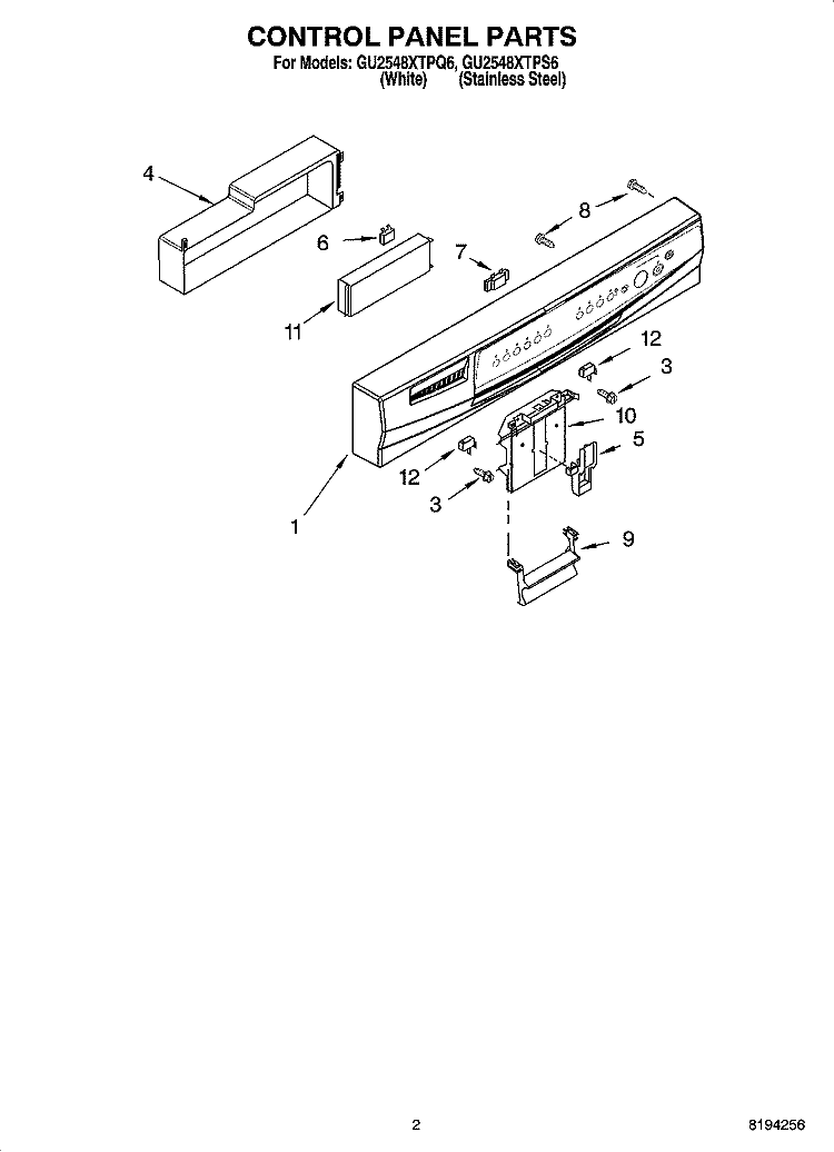 CONTROL PANEL PARTS Diagram and Parts List for GU2548XTPS6  Whirlpool Dishwasher