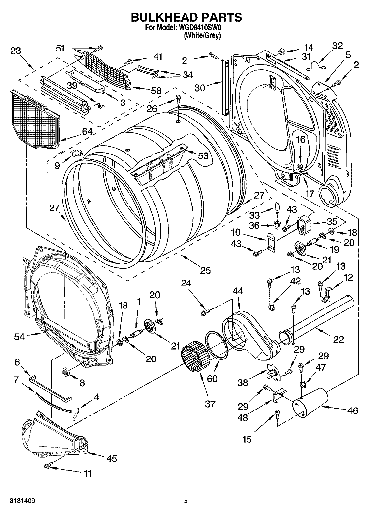 BULKHEAD PARTS Diagram and Parts List for WGD8410SW0  Whirlpool Dryer
