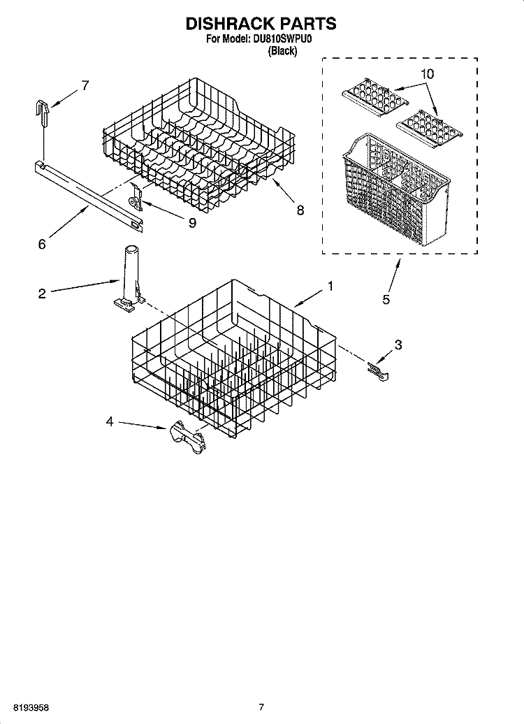 DISHRACK PARTS, OPTIONAL PARTS (NOT INCLUDED) Diagram and Parts List for DU810SWPU0  Whirlpool Dishwasher