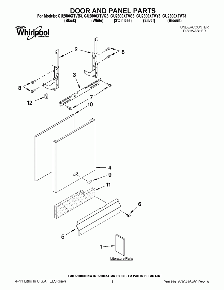 DOOR AND PANEL PARTS Diagram and Parts List for GU2800XTVS3  Whirlpool Dishwasher