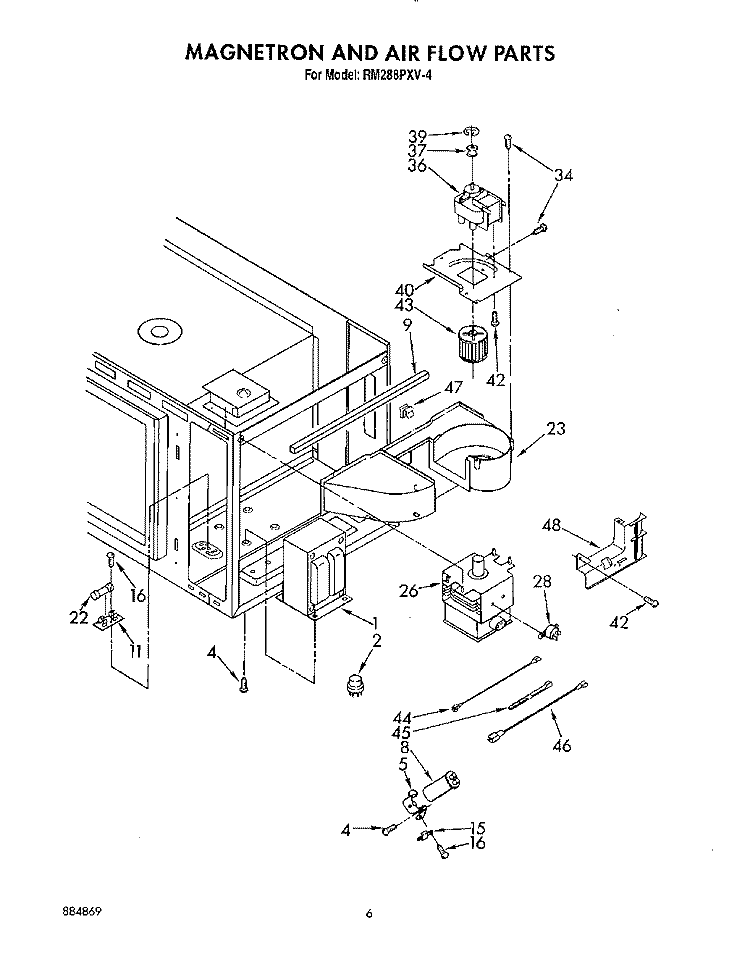 MAGNETRON AND AIR FLOW Diagram and Parts List for RM288PXV4  Whirlpool Microwave Oven Combo