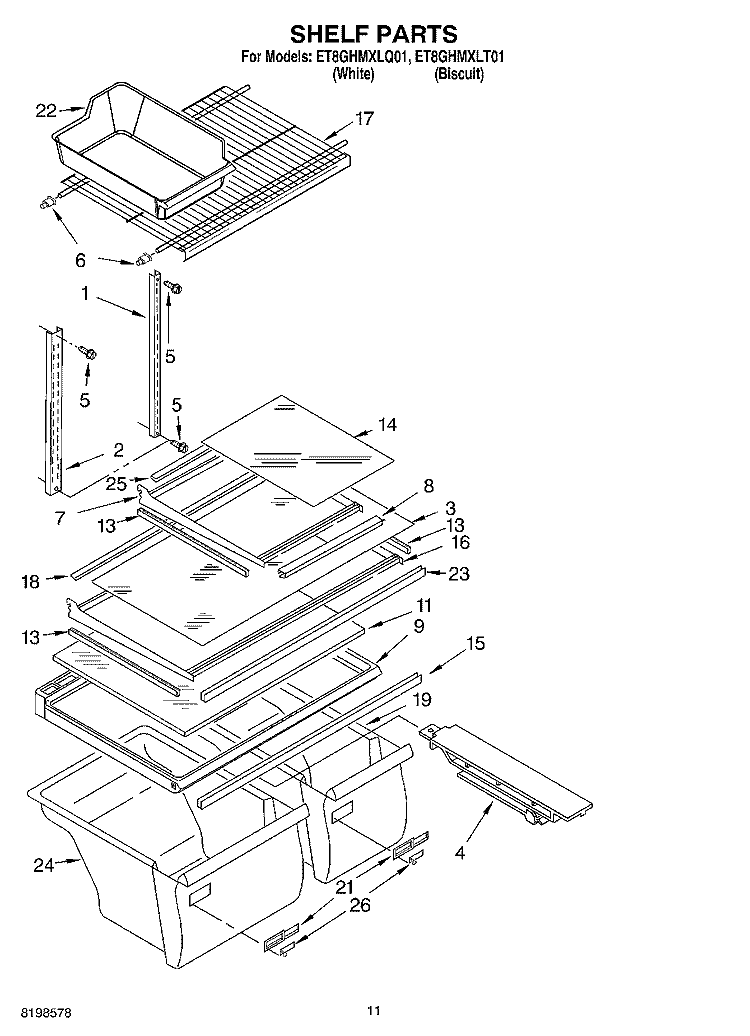 SHELF PARTS, OPTIONAL PARTS Diagram and Parts List for ET8GHMXLT01  Whirlpool Refrigerator