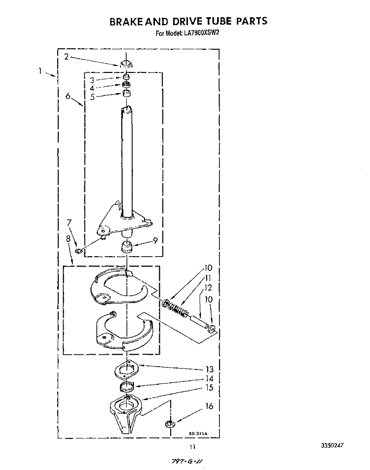 BRAKE AND DRIVE TUBE Diagram and Parts List for LA7900XSW2  Whirlpool Washer