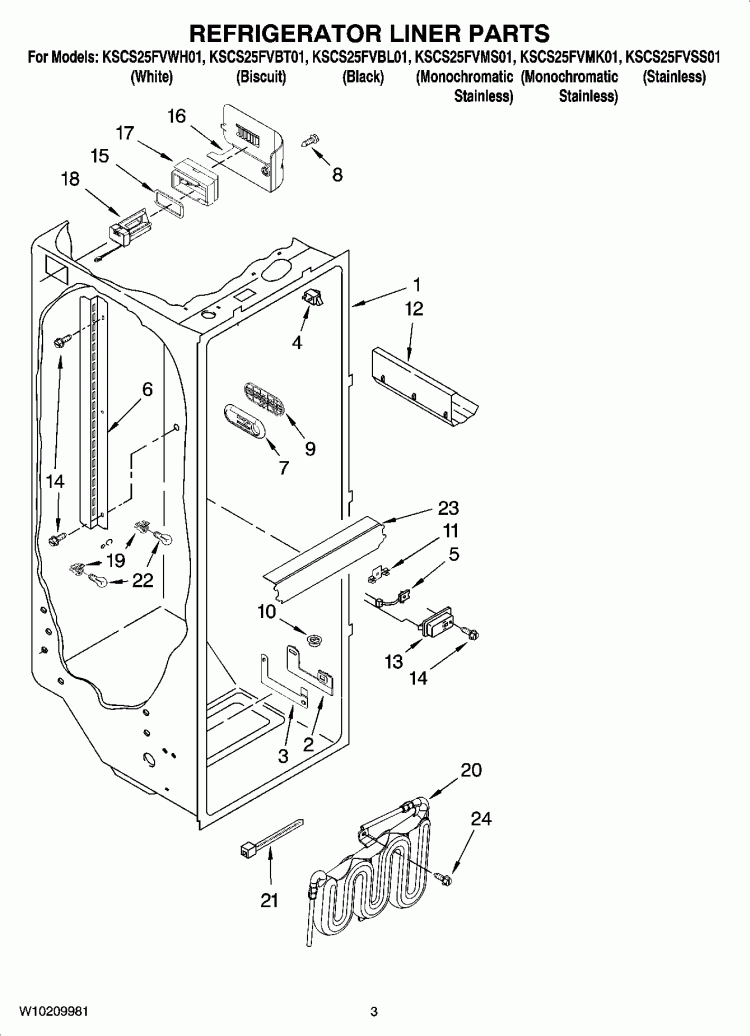 REFRIGERATOR LINER PARTS Diagram and Parts List for KSCS25FVBT01  KitchenAid Refrigerator