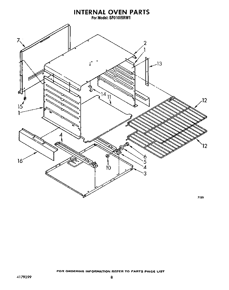 INTERNAL OVEN Diagram and Parts List for SF0100SRW1  Whirlpool Range