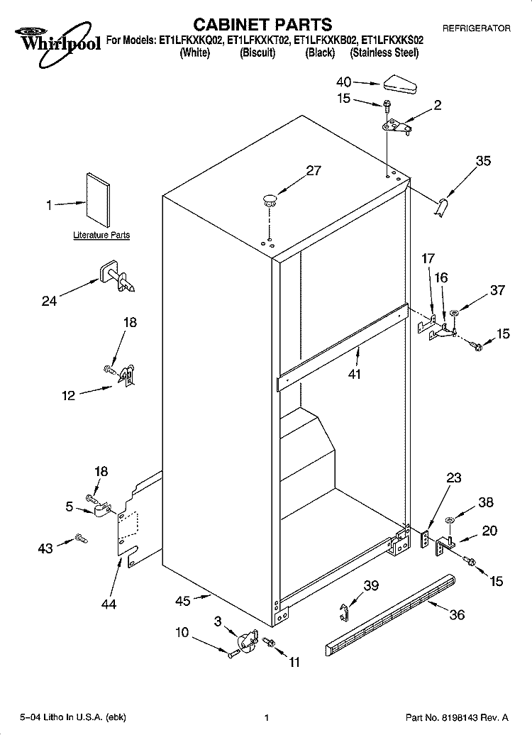 CABINET PARTS Diagram and Parts List for ET1LFKXKQ02  Whirlpool Refrigerator
