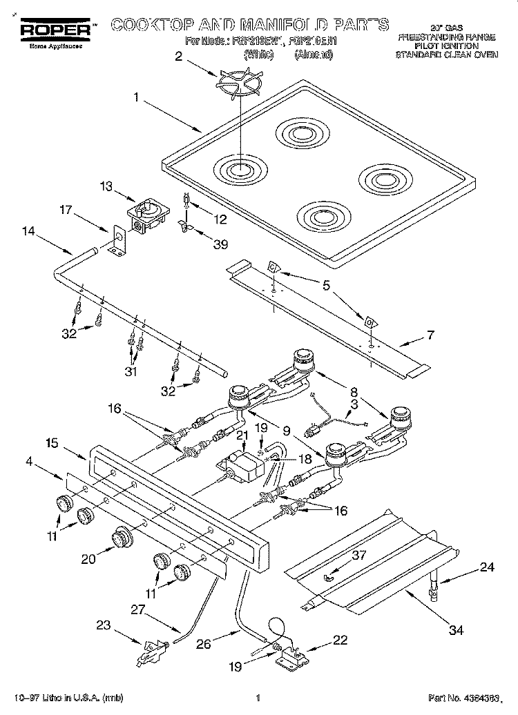 COOKTOP AND MANIFOLD Diagram and Parts List for FGP210EN1  Roper Range