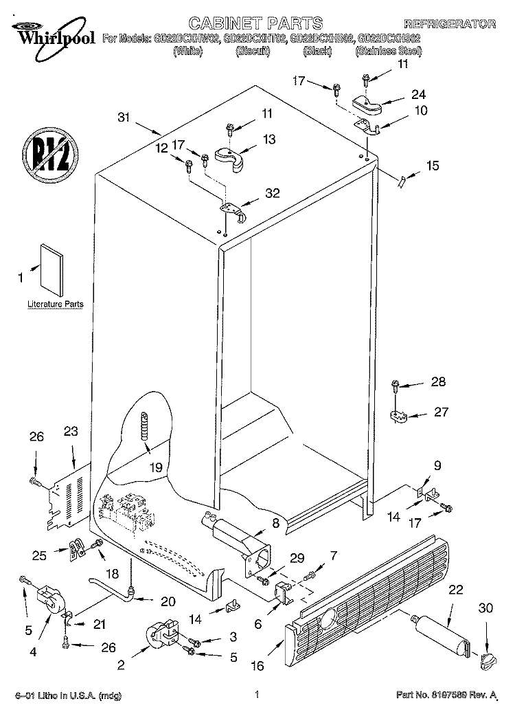 CABINET, LITERATURE Diagram and Parts List for GD22DCXHT02  Whirlpool Refrigerator