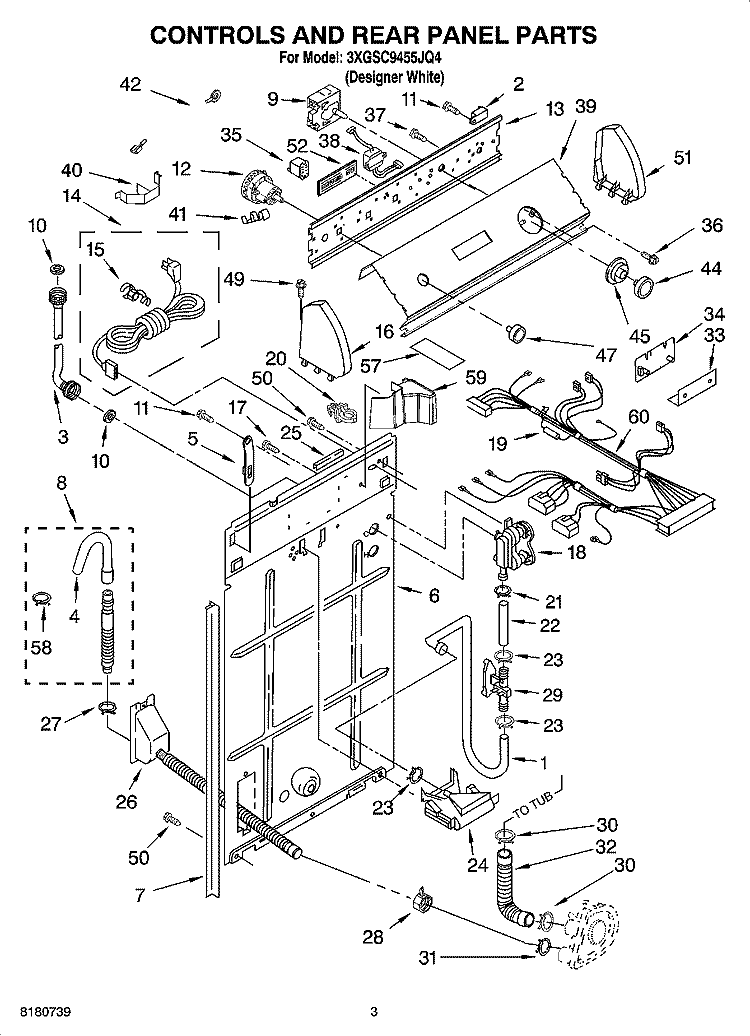 CONTROLS AND REAR PANEL PARTS Diagram and Parts List for 3XGSC9455JQ4  Whirlpool Washer
