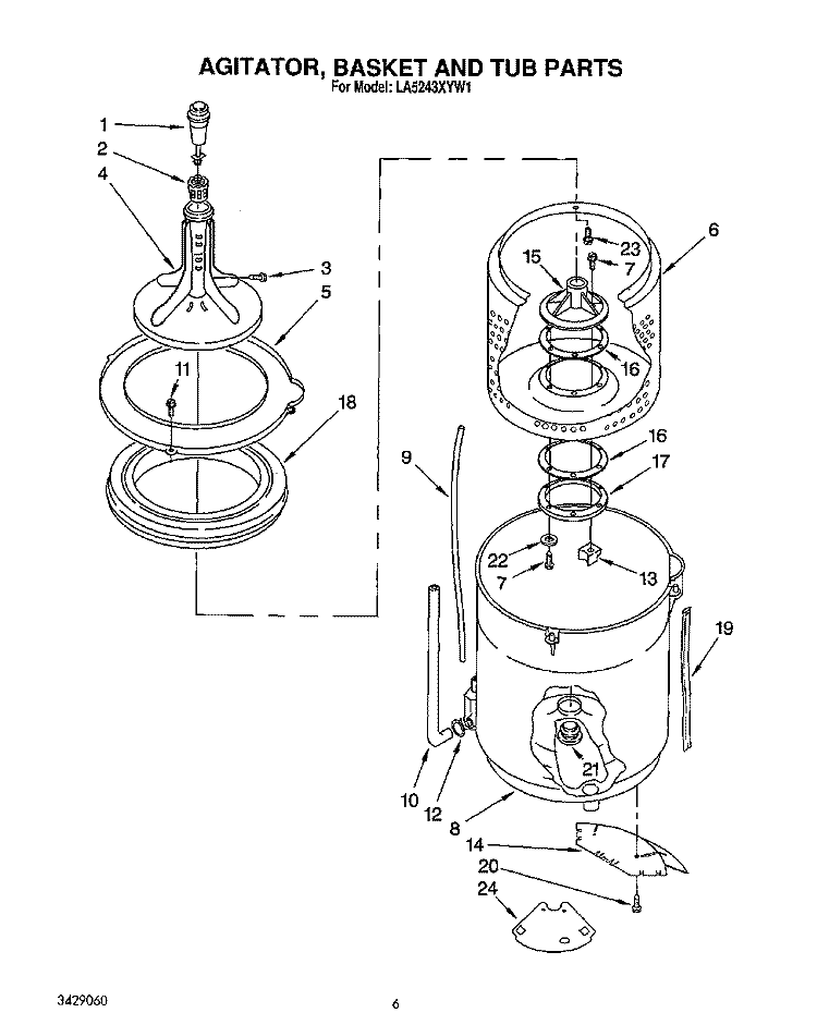 AGITATOR, BASKET AND TUB Diagram and Parts List for LA5243XYW1  Whirlpool Washer