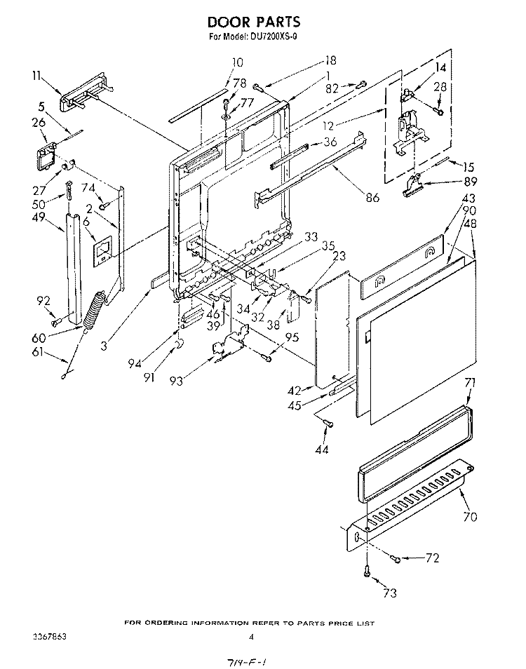 DOOR Diagram and Parts List for DU7200XS0  Whirlpool Dishwasher