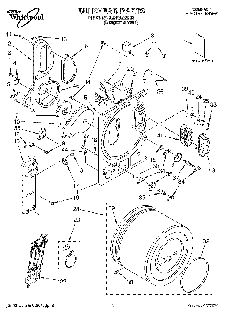SECTION Diagram and Parts List for 8LDR3822DZ0  Whirlpool Dryer