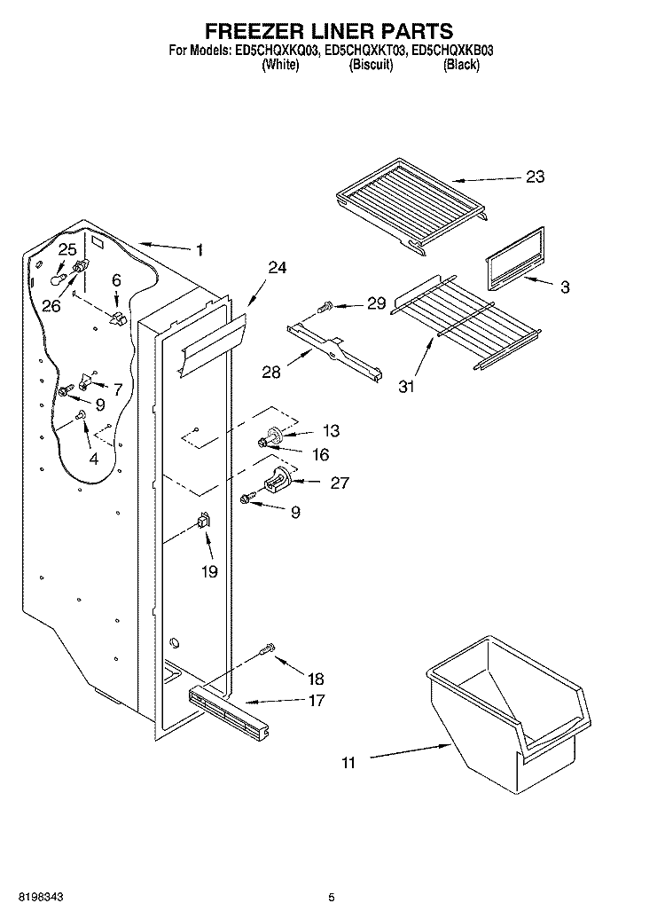 FREEZER LINER PARTS Diagram and Parts List for ED5CHQXKB03  Whirlpool Refrigerator
