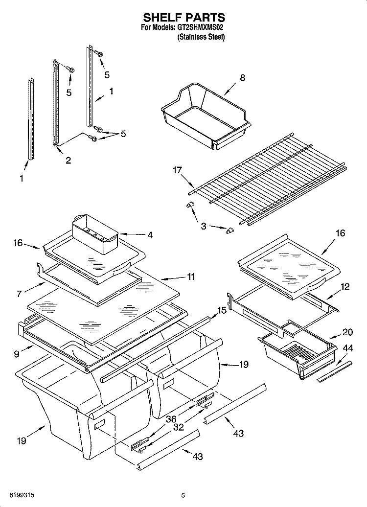 SHELF PARTS Diagram and Parts List for GT2SHMXMS02  Whirlpool Refrigerator