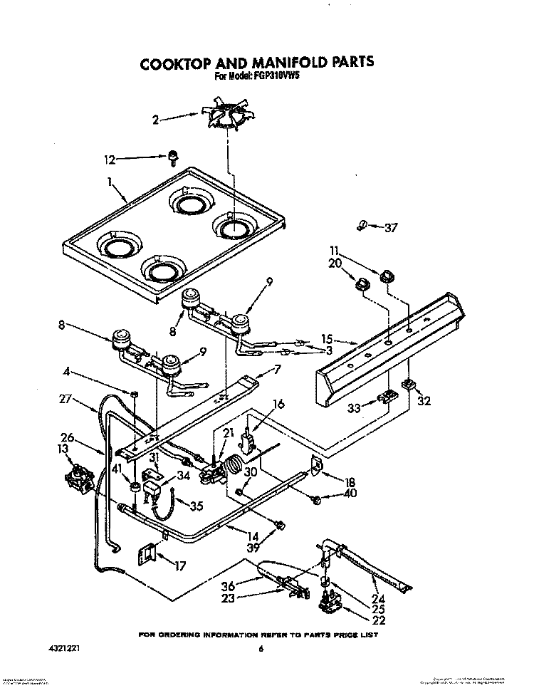 COOKTOP AND MANIFOLD, LIT/OPTIONAL Diagram and Parts List for FGP315VW5  Roper Range