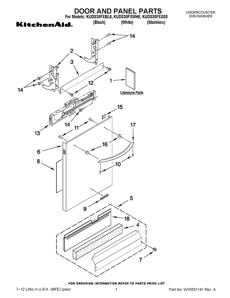DOOR AND PANEL PARTS Diagram and Parts List for KUDS30FXSS8  KitchenAid Dishwasher