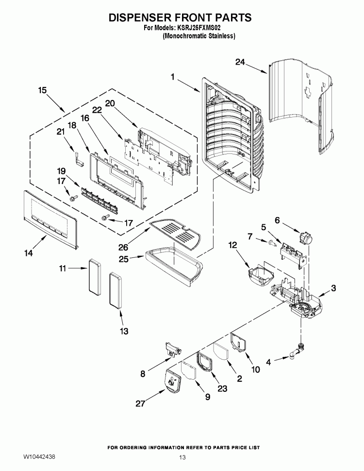 DISPENSER FRONT PARTS Diagram and Parts List for KSRJ25FXMS02  KitchenAid Refrigerator