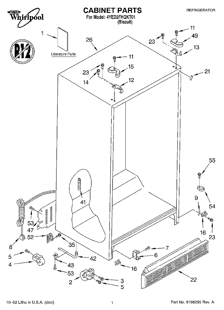 CABINET, LITERATURE Diagram and Parts List for 4YED2FHQKT01  Whirlpool Refrigerator