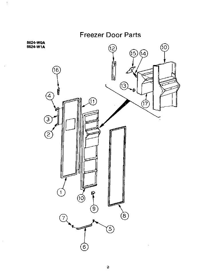 FREEZER DOOR Diagram and Parts List for 8624W0A  Roper Refrigerator
