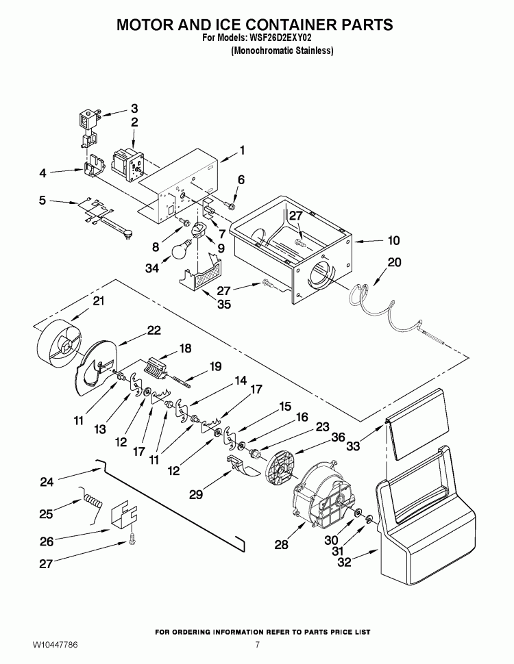 MOTOR AND ICE CONTAINER PARTS Diagram and Parts List for WSF26D2EXY02  Whirlpool Refrigerator