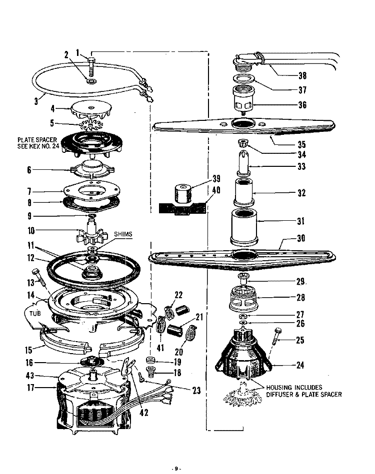 MOTOR, HEATER AND SPRAY ARM Diagram and Parts List for 8505L00  Roper Dishwasher