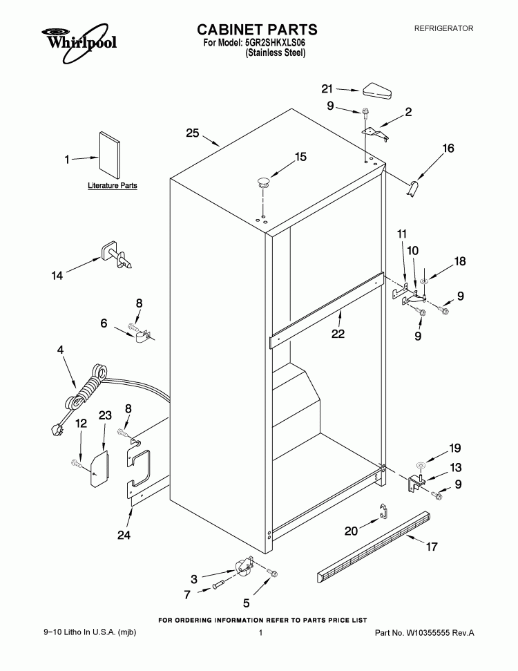 CABINET PARTS Diagram and Parts List for 5GR2SHKXLS06  Whirlpool Refrigerator