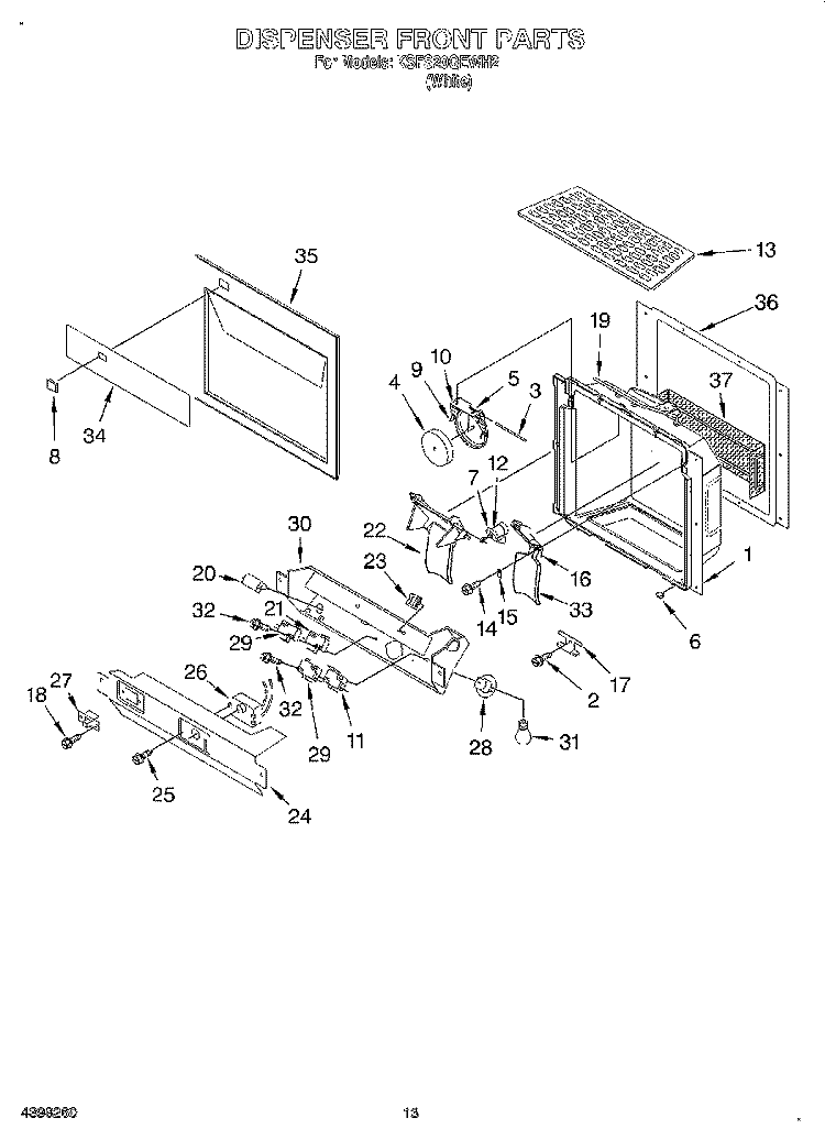 DISPENSER FRONT Diagram and Parts List for KSFS20QEWH2  KitchenAid Refrigerator