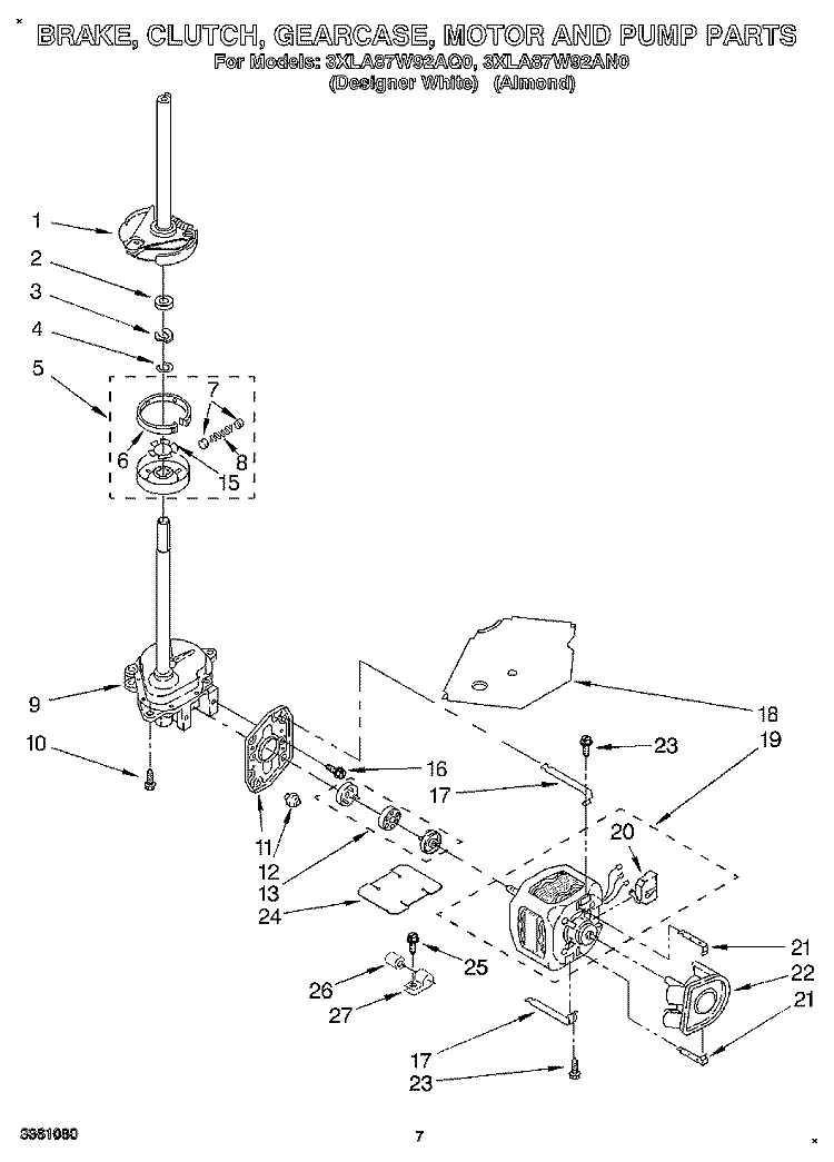 BRAKE, CLUTCH, GEARCASE, MOTOR AND PUMP Diagram and Parts List for 3XLA87W92AQ0  Whirlpool Washer