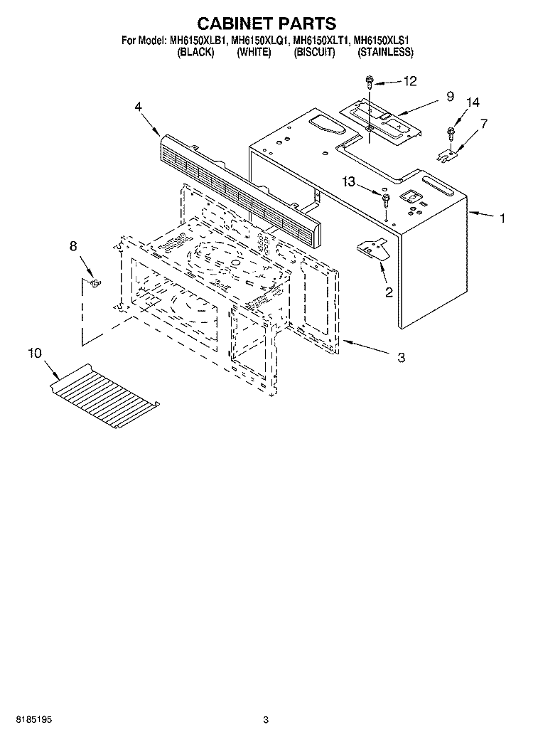 CABINET PARTS Diagram and Parts List for MH6150XLB1  Whirlpool Microwave