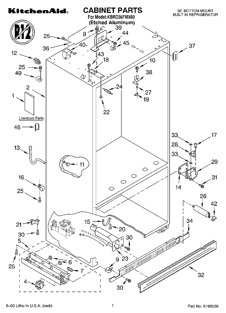 CABINET PARTS Diagram and Parts List for KBRO36FMX00  KitchenAid Refrigerator