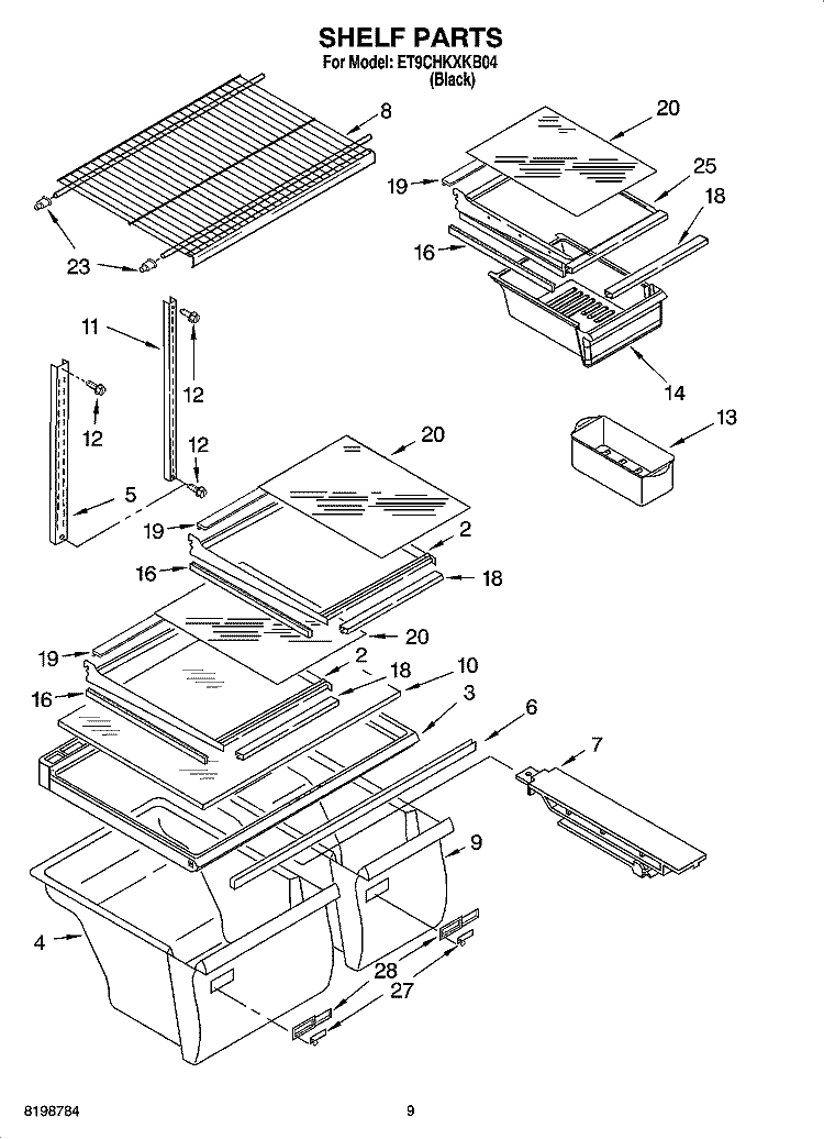 SHELF PARTS, OPTIONAL PARTS Diagram and Parts List for ET9CHKXKB04  Whirlpool Refrigerator