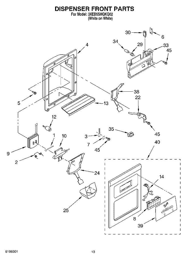 DISPENSER FRONT PARTS Diagram and Parts List for 3XED5SHQKQ02  Whirlpool Refrigerator