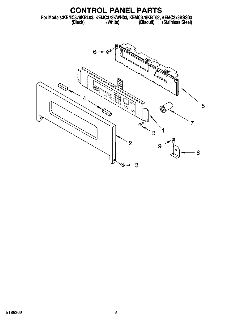 CONTROL PANEL PARTS Diagram and Parts List for KEMC378KWH03  KitchenAid Microwave Oven Combo