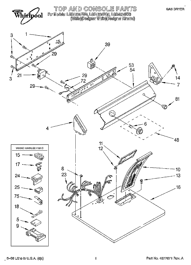 TOP AND CONSOLE, LIT/OPTIONAL Diagram and Parts List for LGR4634EW0  Whirlpool Dryer