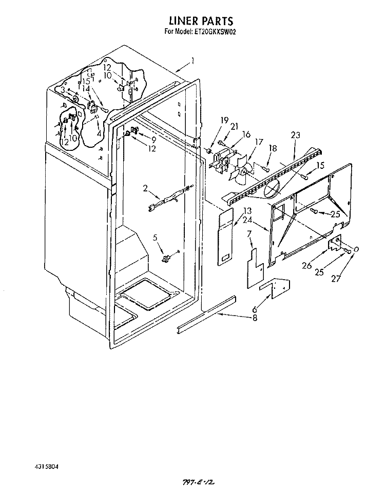 LINER Diagram and Parts List for ET20GKXSW02  Whirlpool Refrigerator