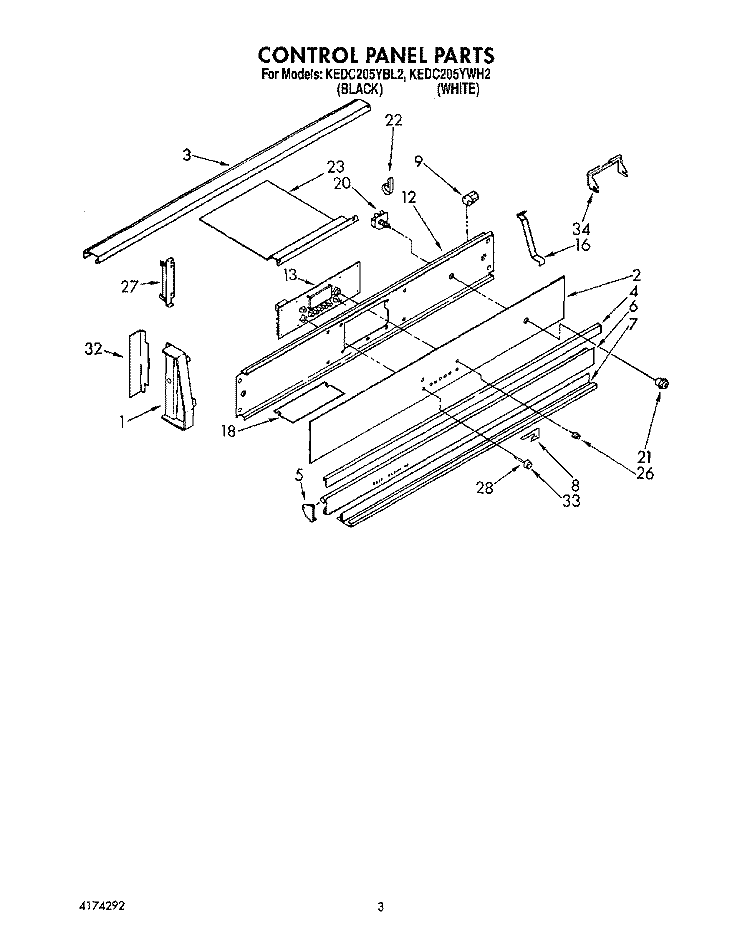 CONTROL PANEL Diagram and Parts List for KEDC205YBL2  KitchenAid Range