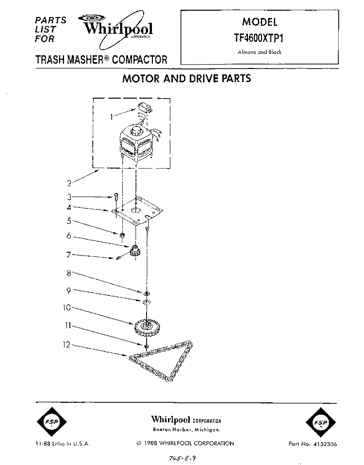 MOTOR AND DRIVE , LIT/OPTIONAL Diagram and Parts List for TF4600XTP1  Whirlpool Trash Compactor