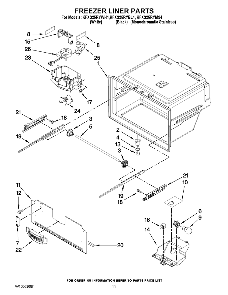 FREEZER LINER PARTS Diagram and Parts List for KFXS25RYWH4  KitchenAid Refrigerator