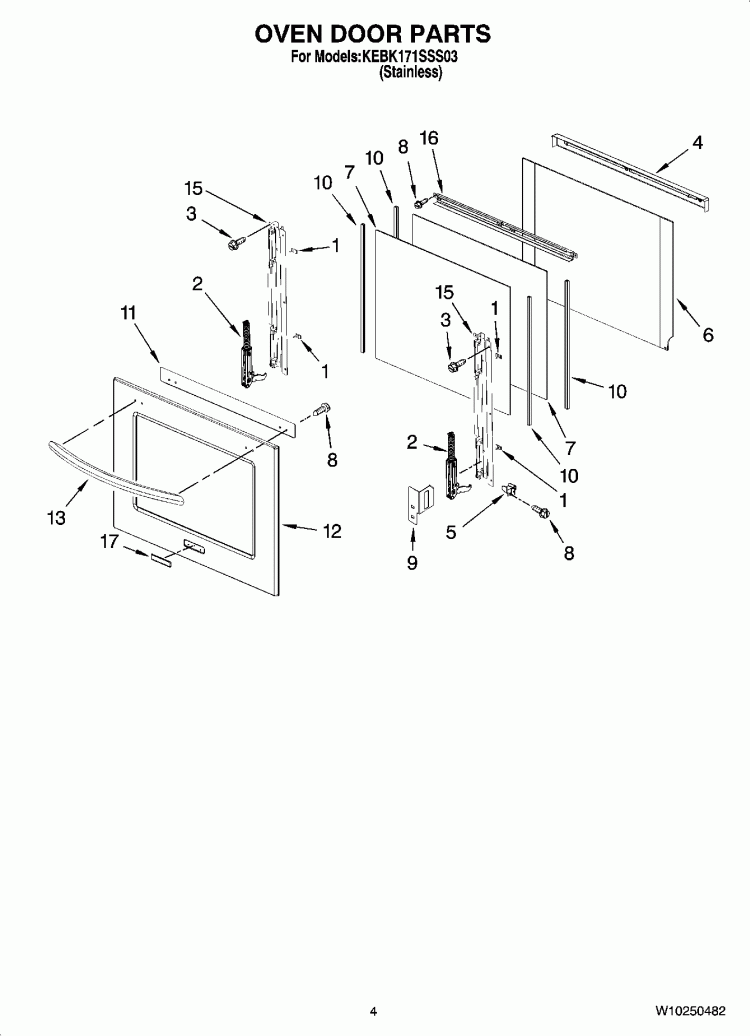OVEN DOOR PARTS Diagram and Parts List for KEBK171SSS03  KitchenAid Wall Oven