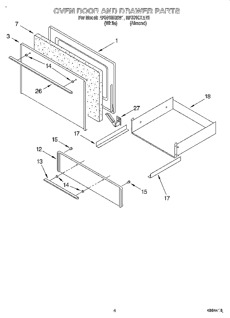 OVEN DOOR & DRAWER Diagram and Parts List for RF3010XEN1  Whirlpool Range