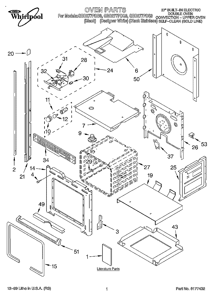 OVEN, LITERATURE Diagram and Parts List for GBD277PDS3  Whirlpool Wall Oven