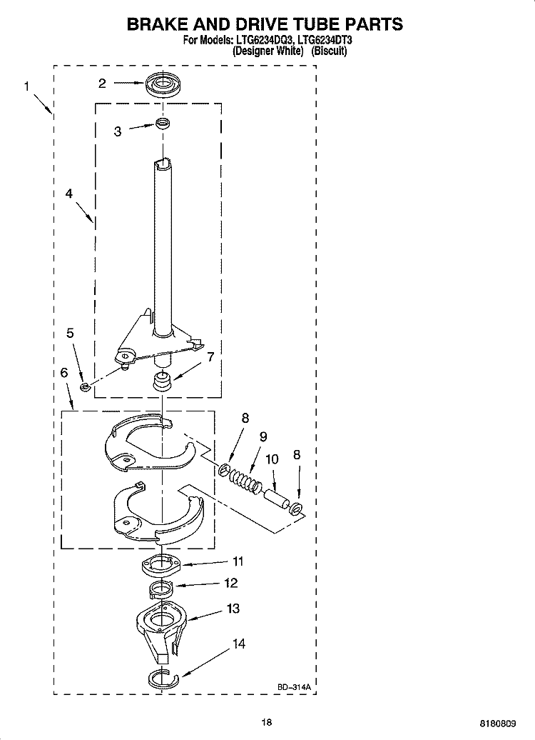 BRAKE AND DRIVE TUBE PARTS Diagram and Parts List for LTG6234DQ3  Whirlpool Washer Dryer Combo