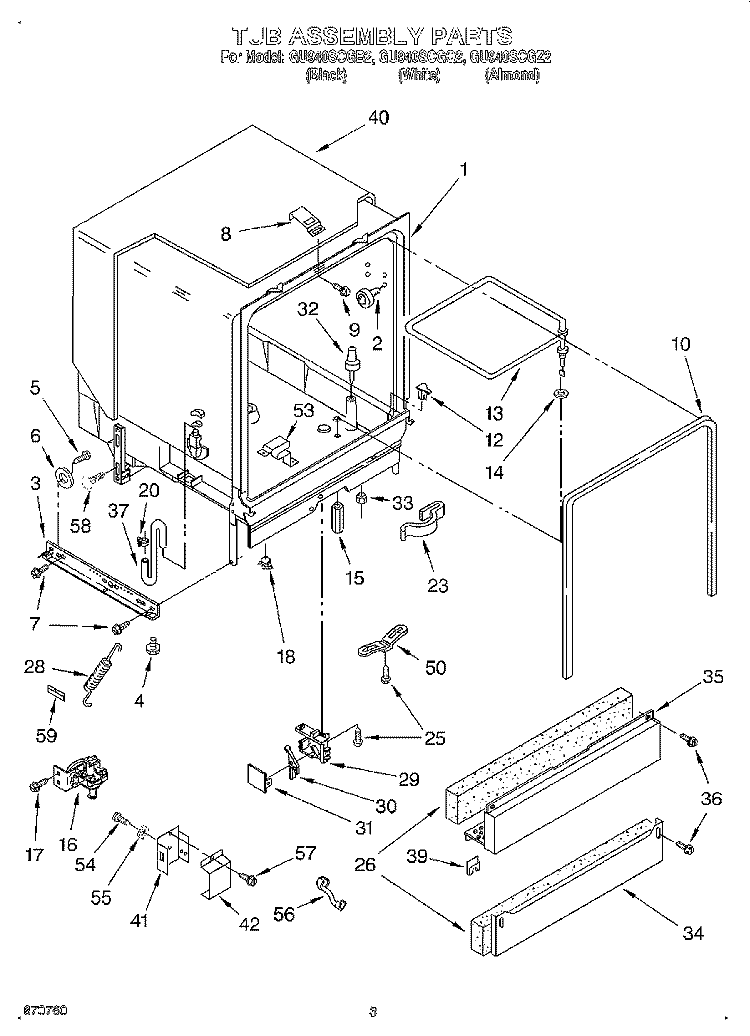 TUB ASSEMBLY Diagram and Parts List for GU940SCGQ2  Whirlpool Dishwasher