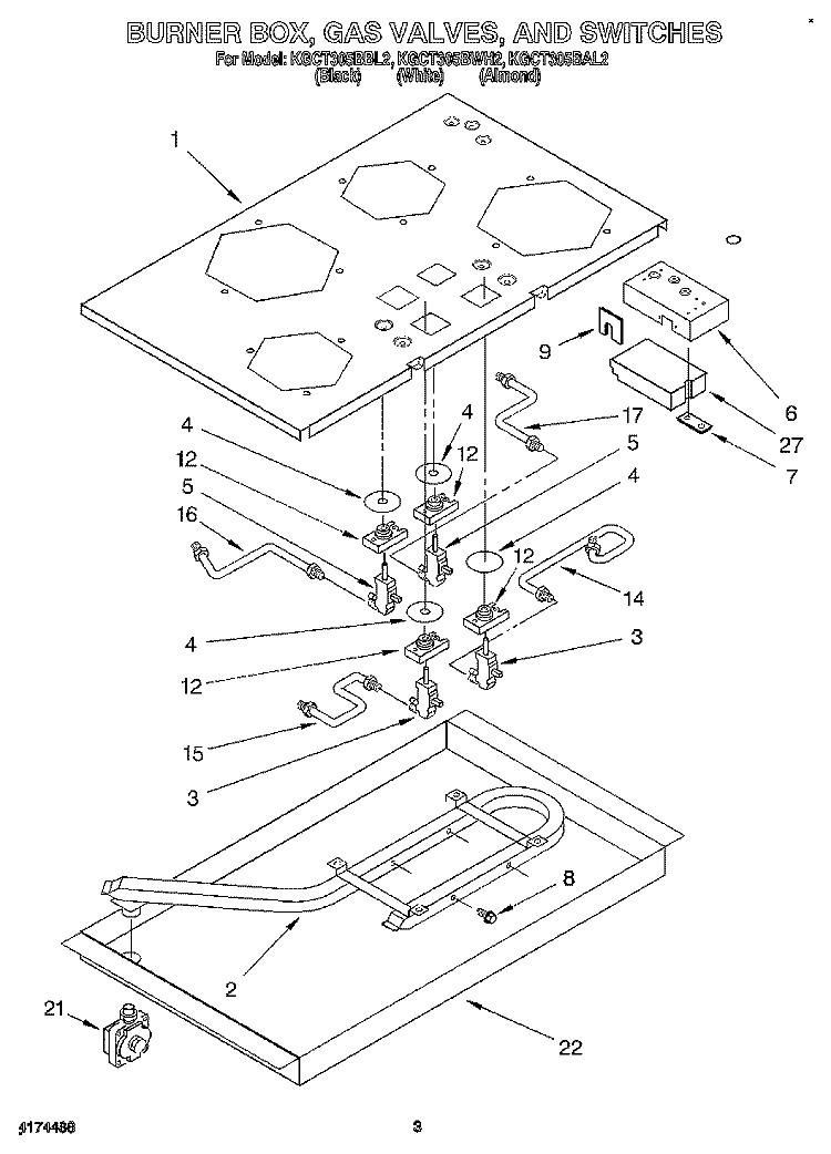 BURNER BOX, GAS VALVES, AND SWITCHES Diagram and Parts List for KGCT305BWH2  KitchenAid Cooktop