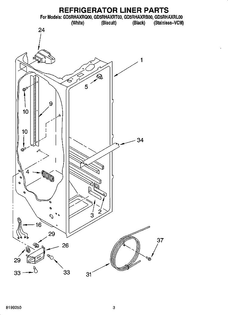 REFRIGERATOR LINER PARTS Diagram and Parts List for GD5RHAXRT00  Whirlpool Refrigerator