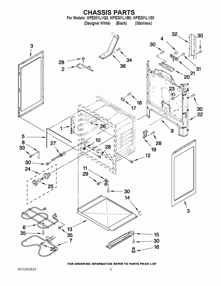 CHASSIS PARTS Diagram and Parts List for WFE301LVQ0  Whirlpool Range