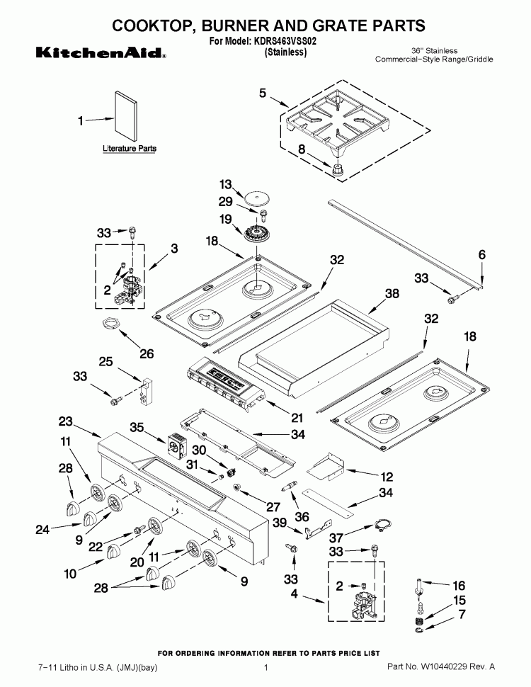 COOKTOP, BURNER AND GRATE PARTS Diagram and Parts List for KDRS463VSS02  KitchenAid Range