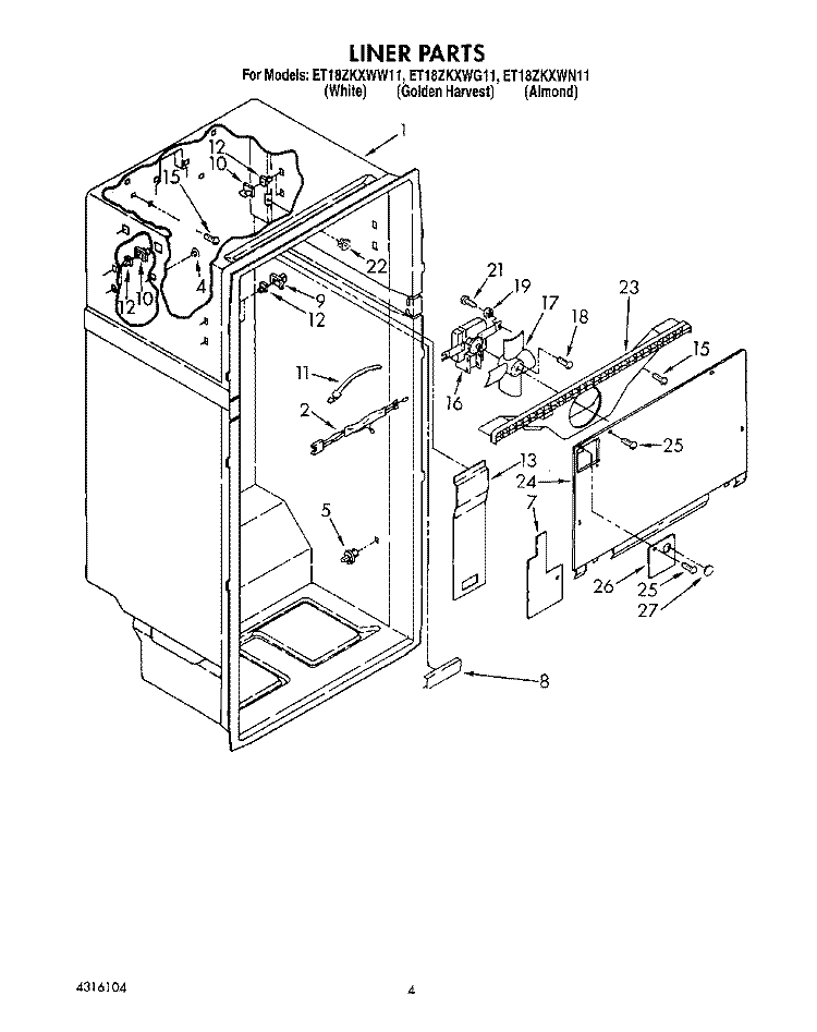 LINER Diagram and Parts List for ET18ZKXWW11  Whirlpool Refrigerator